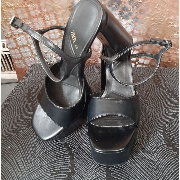 Zara Black Faux Leather Platform Heel Sandals - Picture 14 of 14